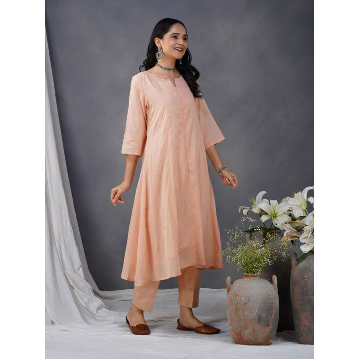 Zuri Peach Embroidered Cotton Silk Anarkali Kurta Paired With Matching Pant