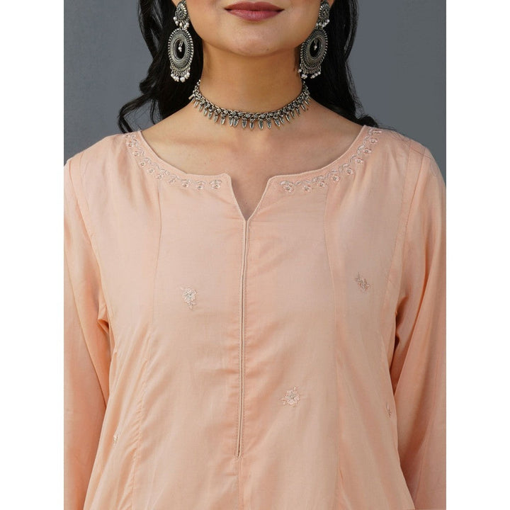 Zuri Peach Embroidered Cotton Silk Anarkali Kurta Paired With Matching Pant