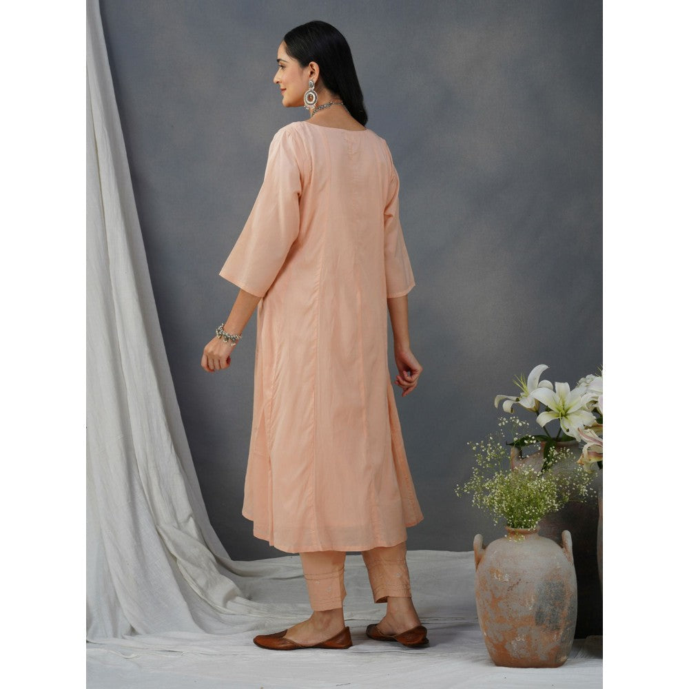 Zuri Peach Embroidered Cotton Silk Anarkali Kurta Paired With Matching Pant