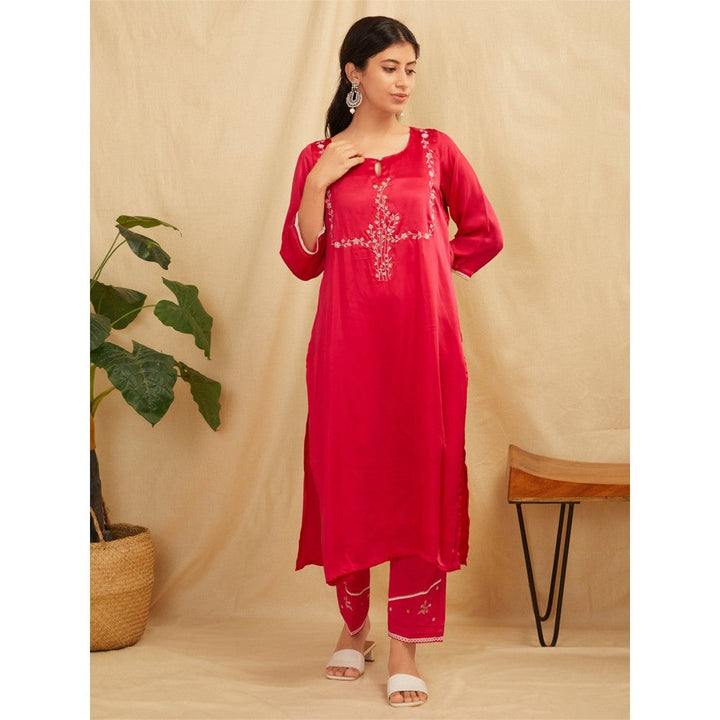 Zuri Pink Embroidered Satin Silk Kurta With Pants- Set Of 2