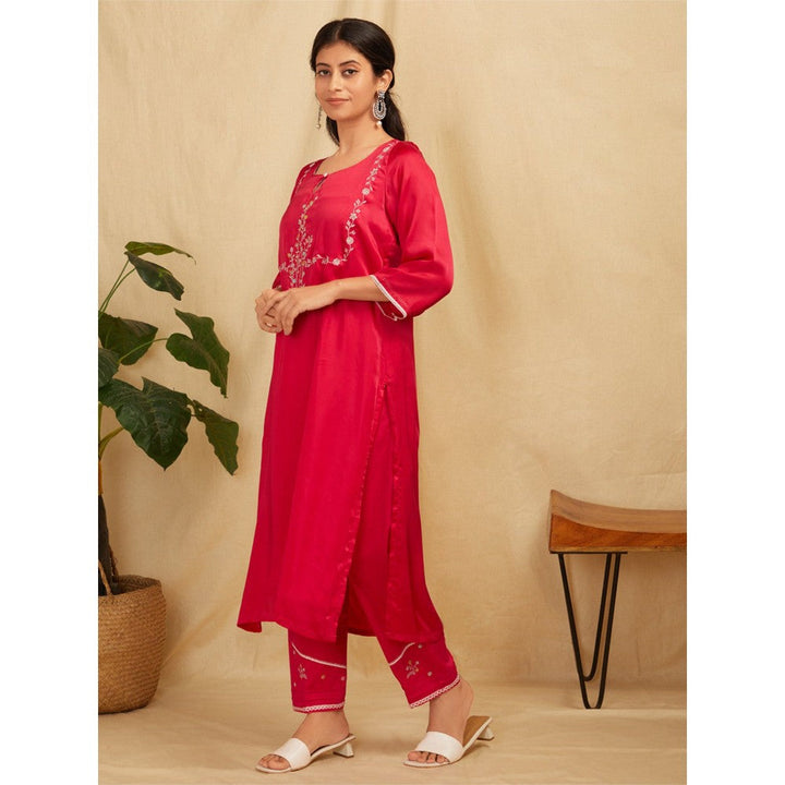 Zuri Pink Embroidered Satin Silk Kurta With Pants- Set Of 2