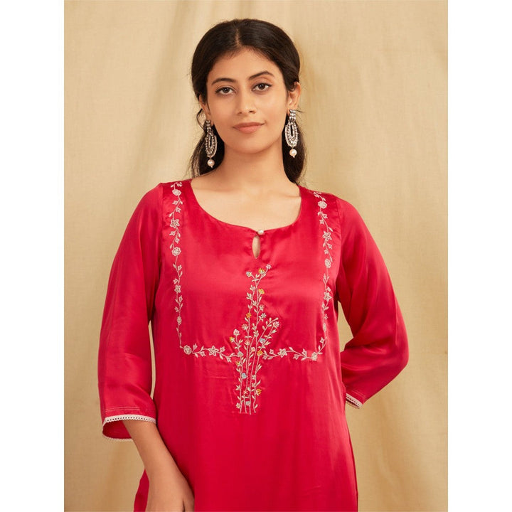 Zuri Pink Embroidered Satin Silk Kurta With Pants- Set Of 2