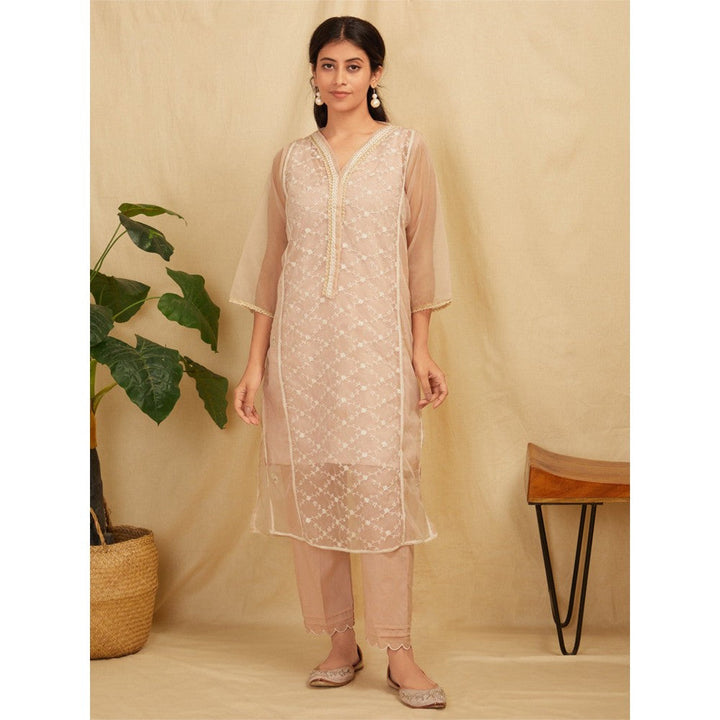 Zuri Peach Embroidered Organza Kurta With Peach Pants