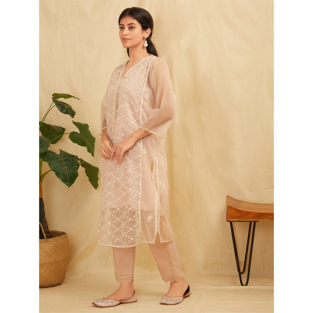 Zuri Peach Embroidered Organza Kurta With Peach Pants