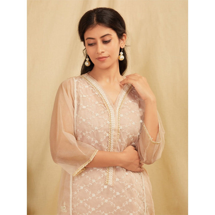 Zuri Peach Embroidered Organza Kurta With Peach Pants