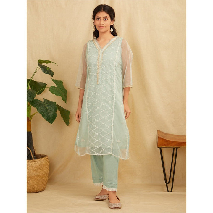 Zuri Sea Green Embroidered Organza Kurta With Sea Green Pants