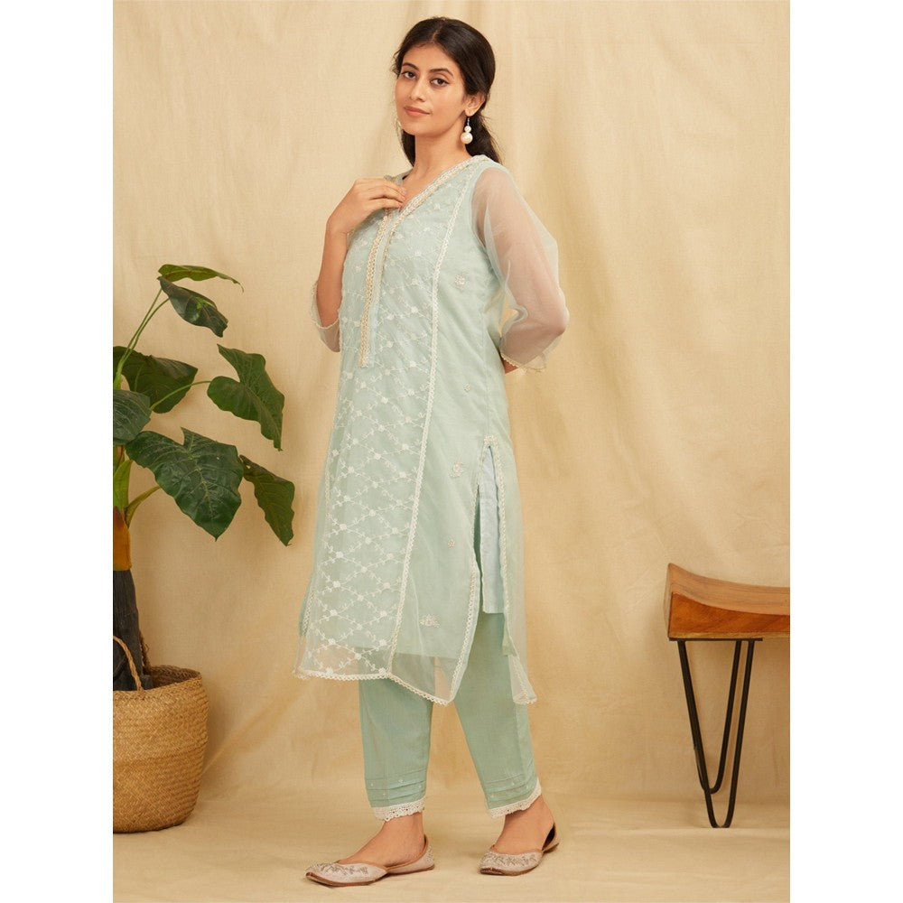 Zuri Sea Green Embroidered Organza Kurta With Sea Green Pants