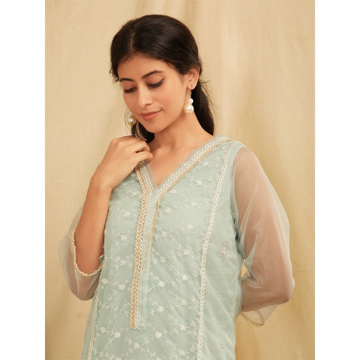 Zuri Sea Green Embroidered Organza Kurta With Sea Green Pants