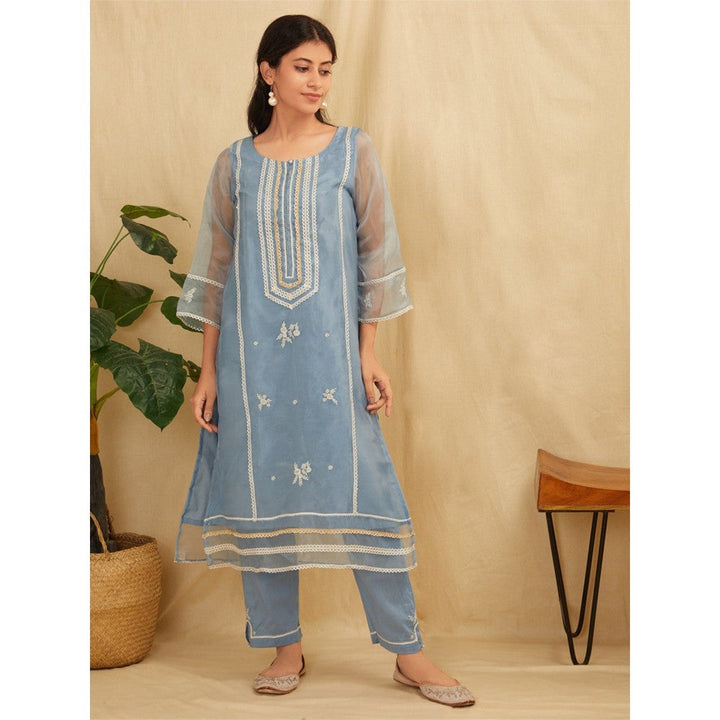 Zuri Powder Blue Embroidered Organza Kurta With Blue Pants