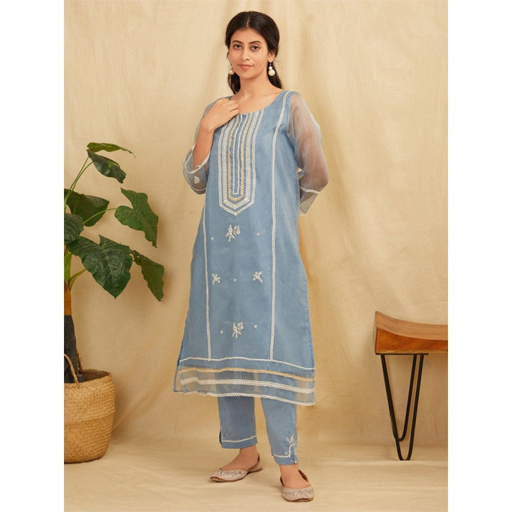 Zuri Powder Blue Embroidered Organza Kurta With Blue Pants