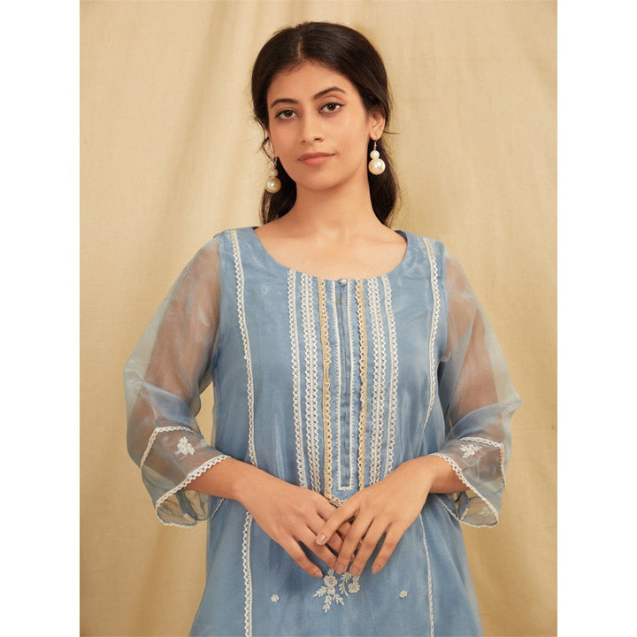 Zuri Powder Blue Embroidered Organza Kurta With Blue Pants