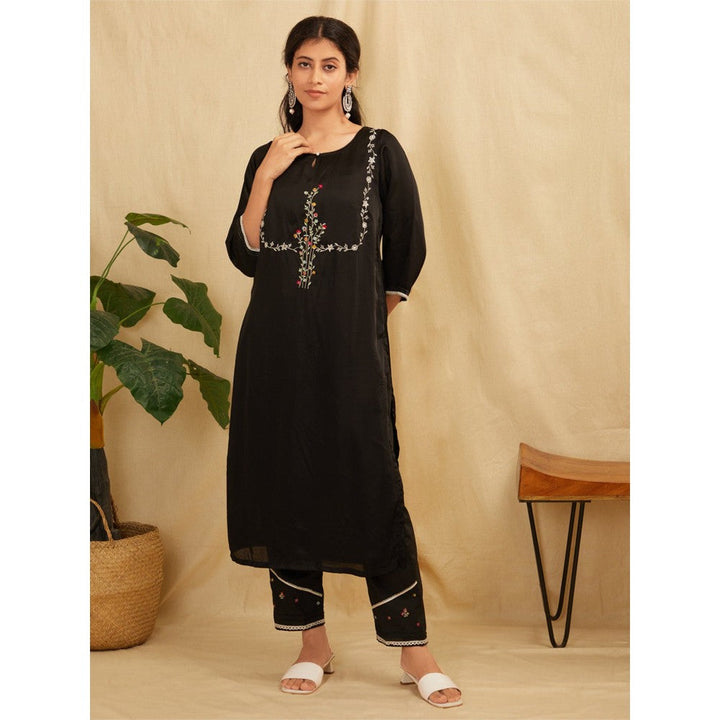 Zuri Black Embroidered Satin Silk Kurta With Pants- Set Of 2