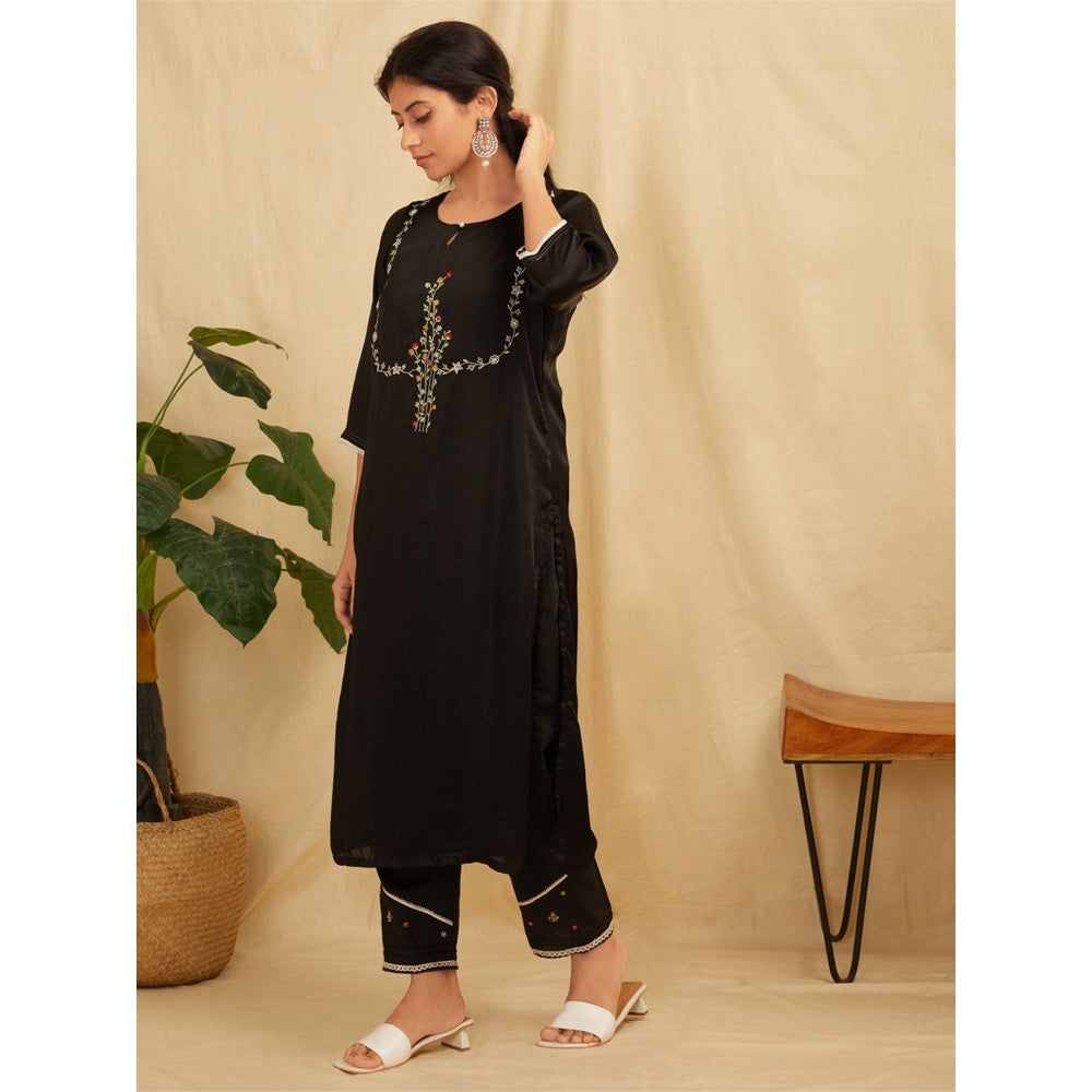 Zuri Black Embroidered Satin Silk Kurta With Pants- Set Of 2