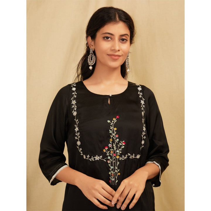 Zuri Black Embroidered Satin Silk Kurta With Pants- Set Of 2