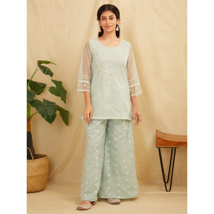 Zuri Sea Green Embroidered Organza Kurta With Sea Green Pants