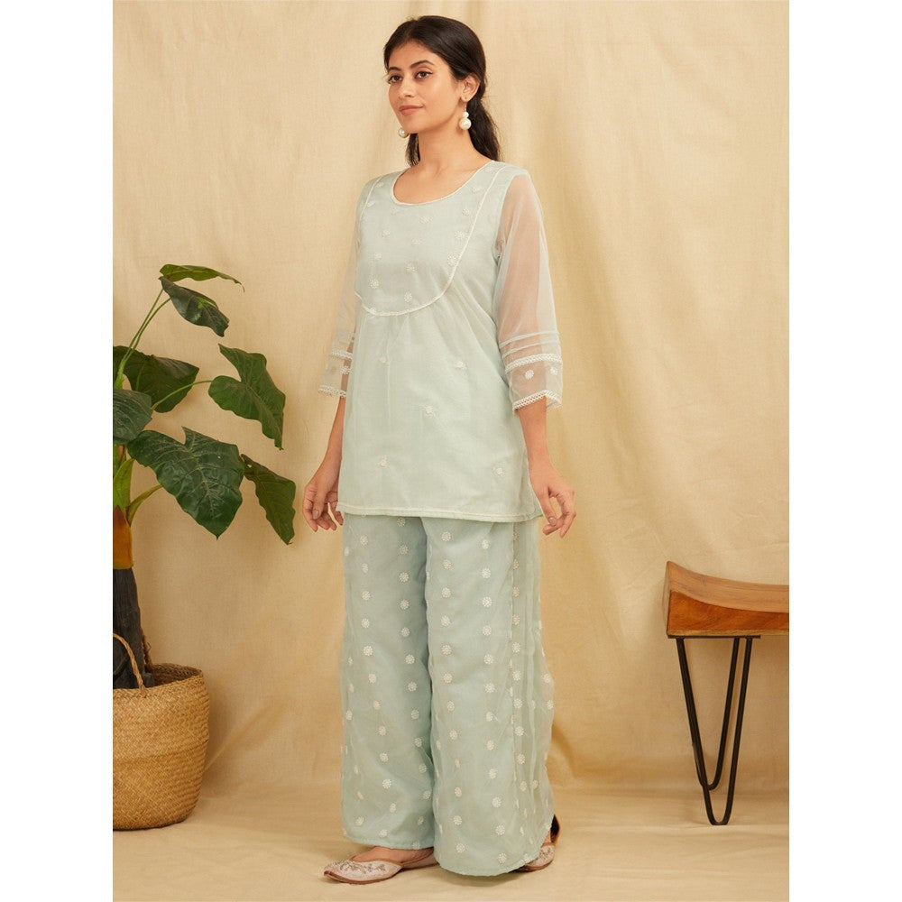 Zuri Sea Green Embroidered Organza Kurta With Sea Green Pants