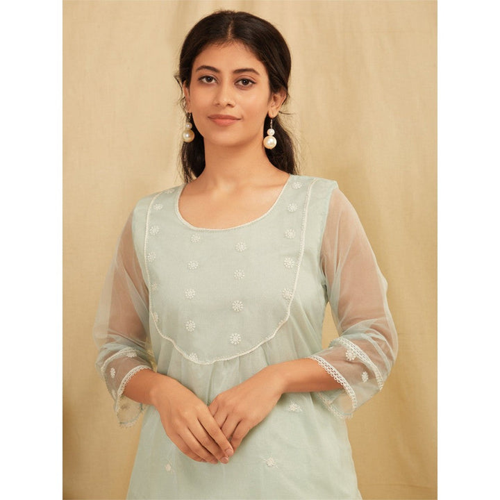 Zuri Sea Green Embroidered Organza Kurta With Sea Green Pants