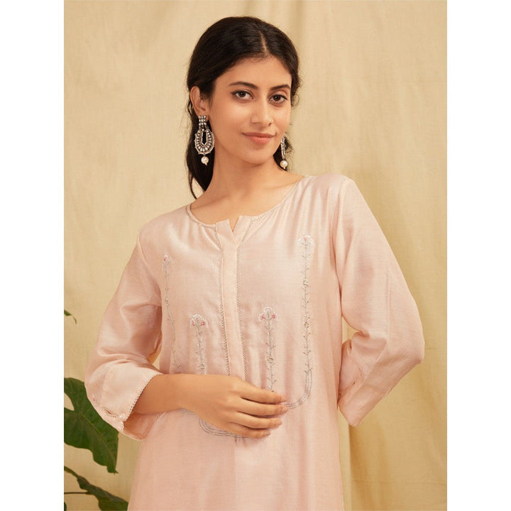 Zuri Pink Embroidered Chanderi Silk Kurta With Pants- Set Of 2