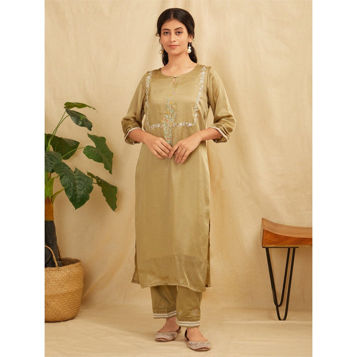 Zuri Sage Green Embroidered Satin Silk Kurta With Pants- Set Of 2