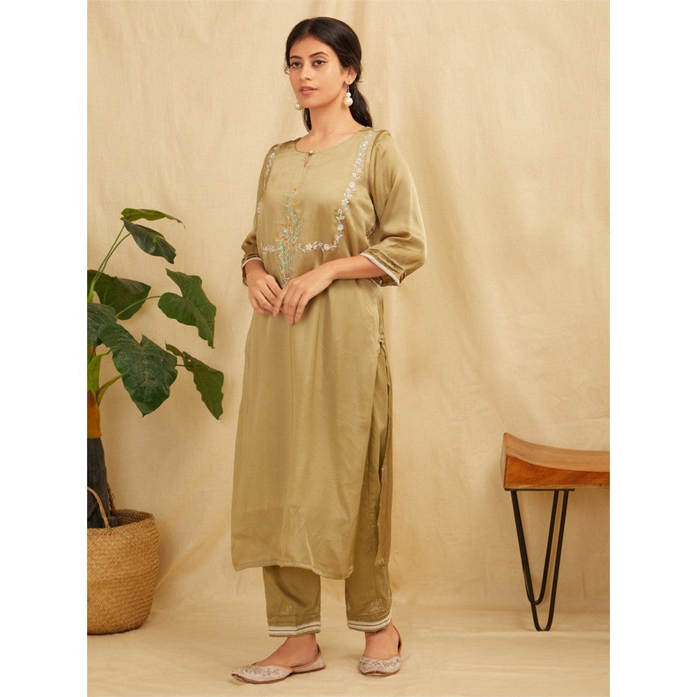 Zuri Sage Green Embroidered Satin Silk Kurta With Pants- Set Of 2