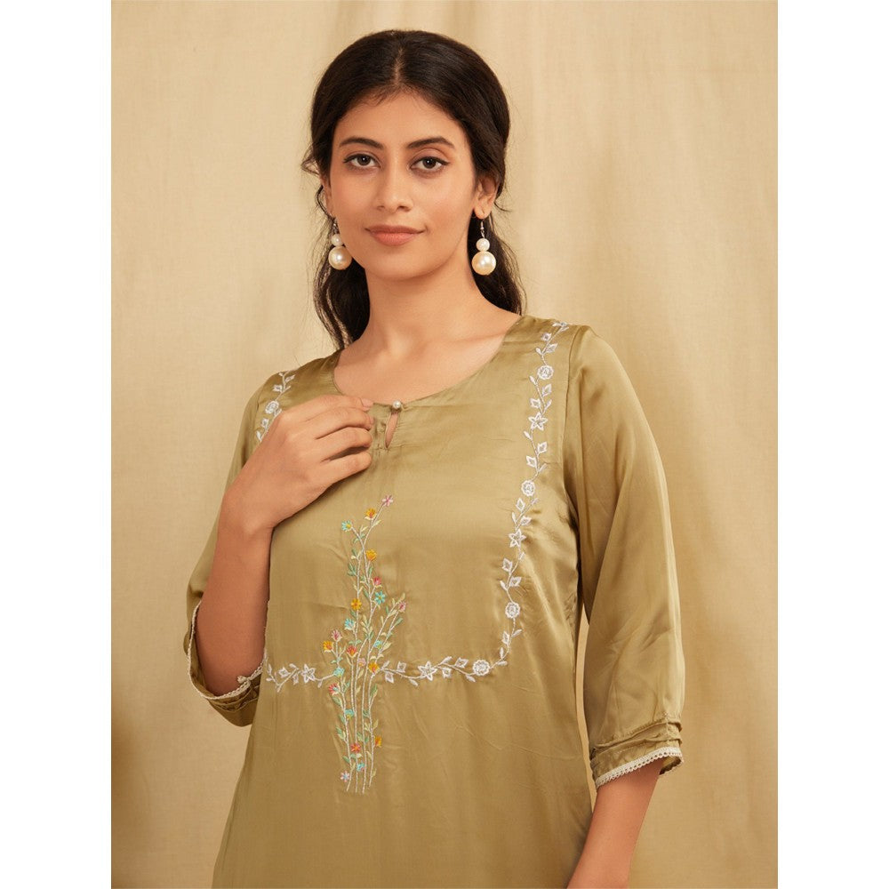 Zuri Sage Green Embroidered Satin Silk Kurta With Pants- Set Of 2