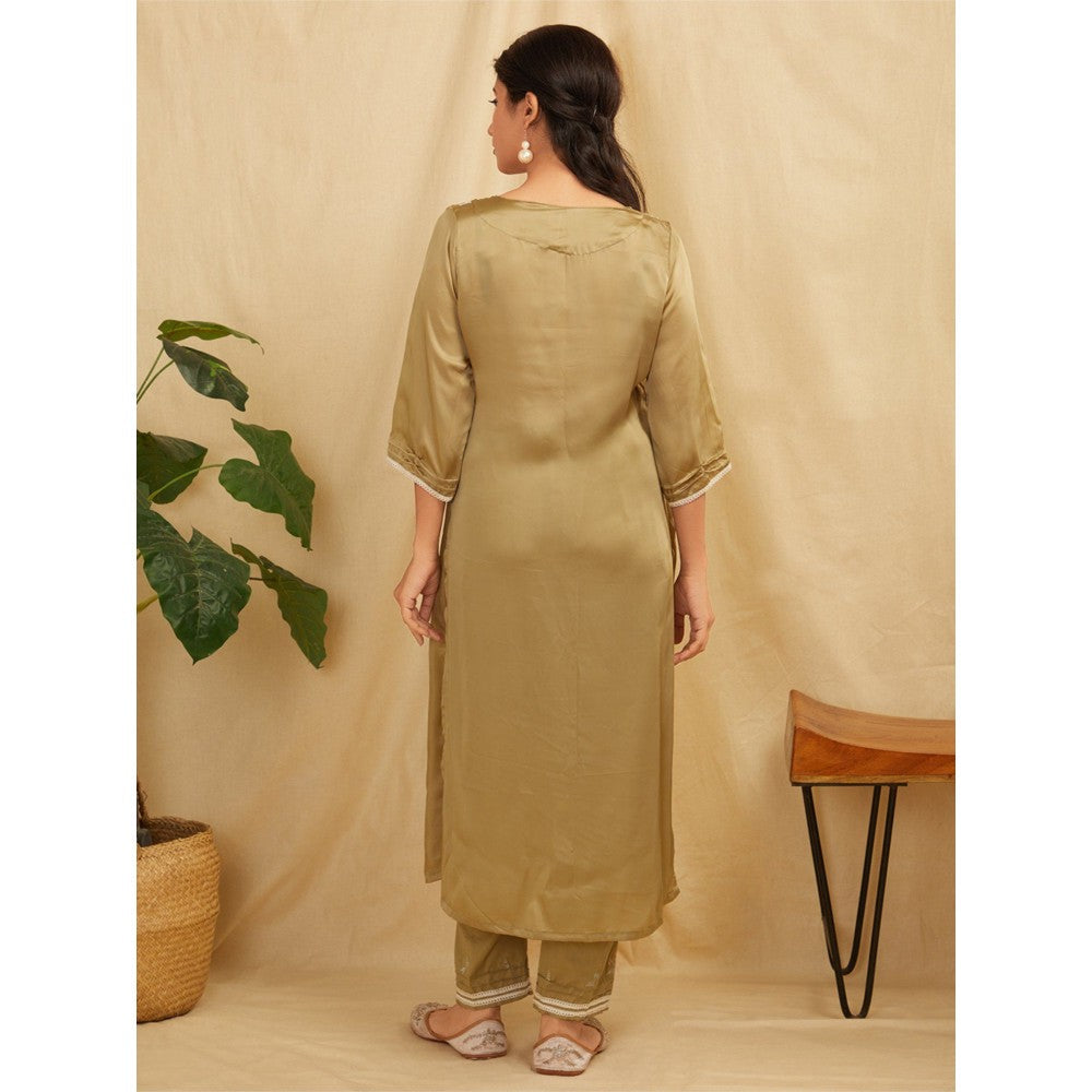 Zuri Sage Green Embroidered Satin Silk Kurta With Pants- Set Of 2