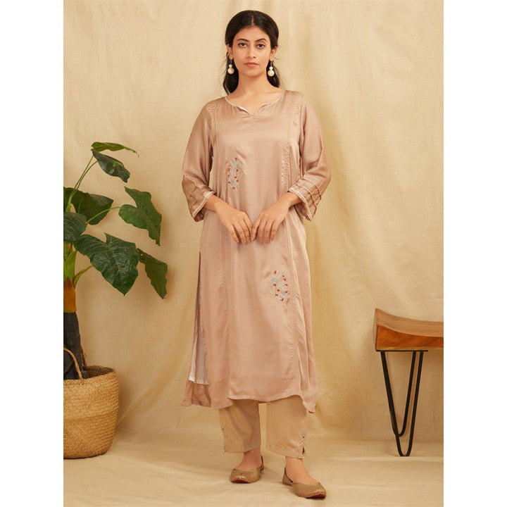 Zuri Beige Embroidered Satin Silk Kurta With Pants- Set Of 2