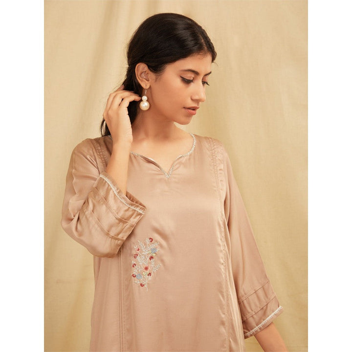 Zuri Beige Embroidered Satin Silk Kurta With Pants- Set Of 2