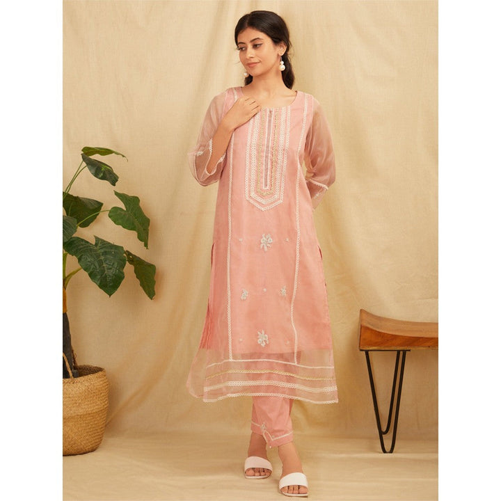 Zuri Peach Embroidered Organza Kurta With Peach Pants