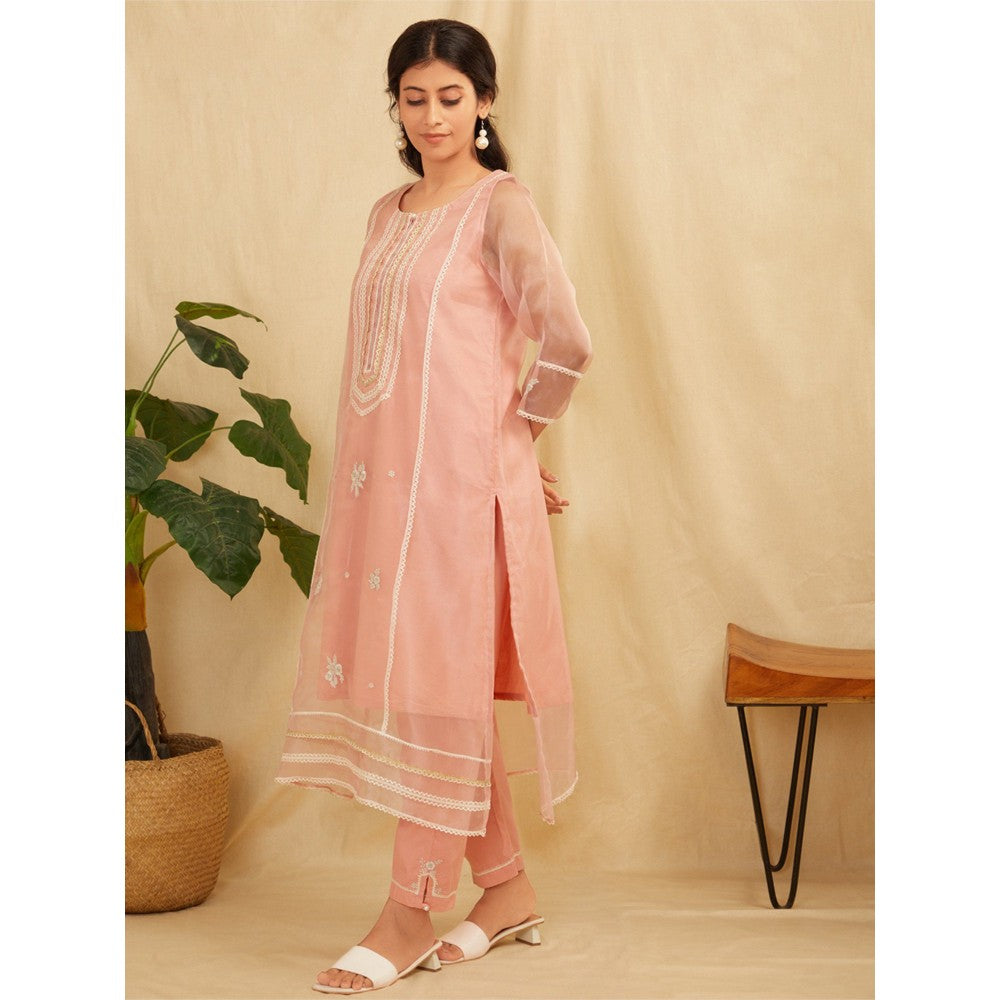 Zuri Peach Embroidered Organza Kurta With Peach Pants