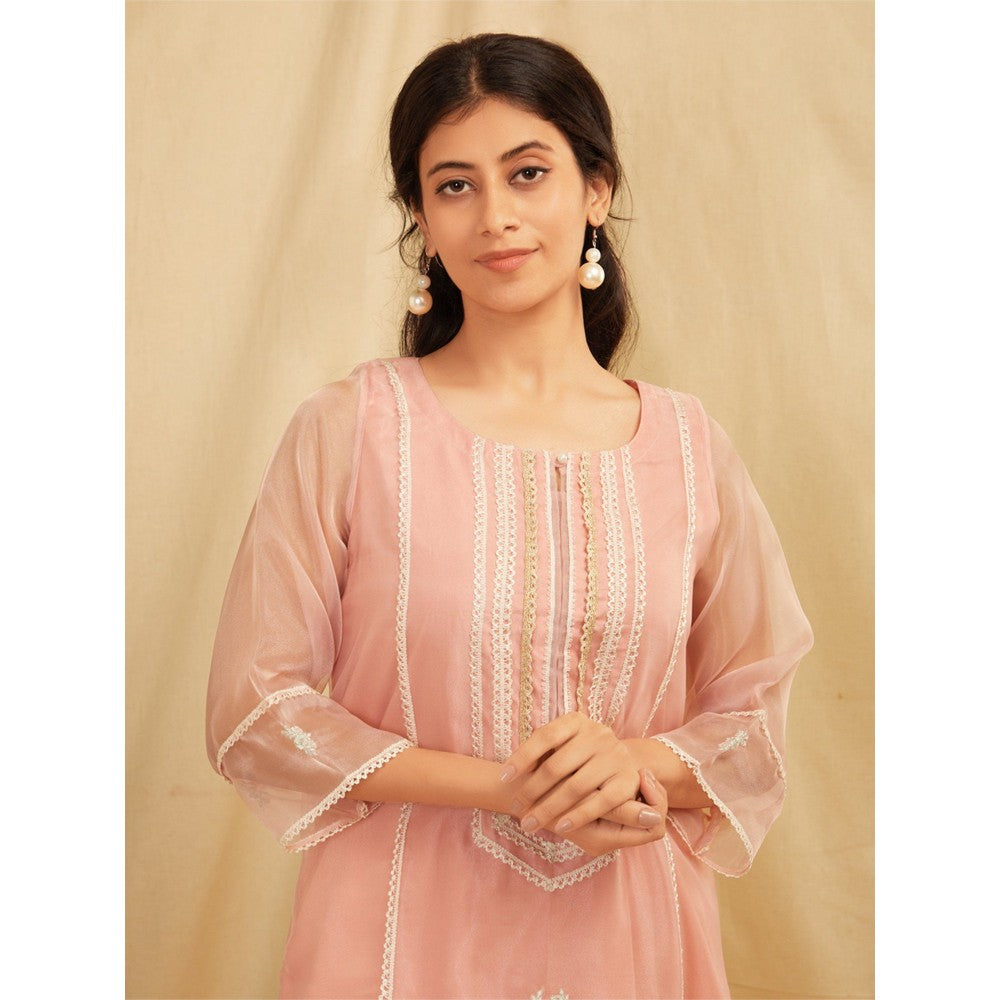 Zuri Peach Embroidered Organza Kurta With Peach Pants