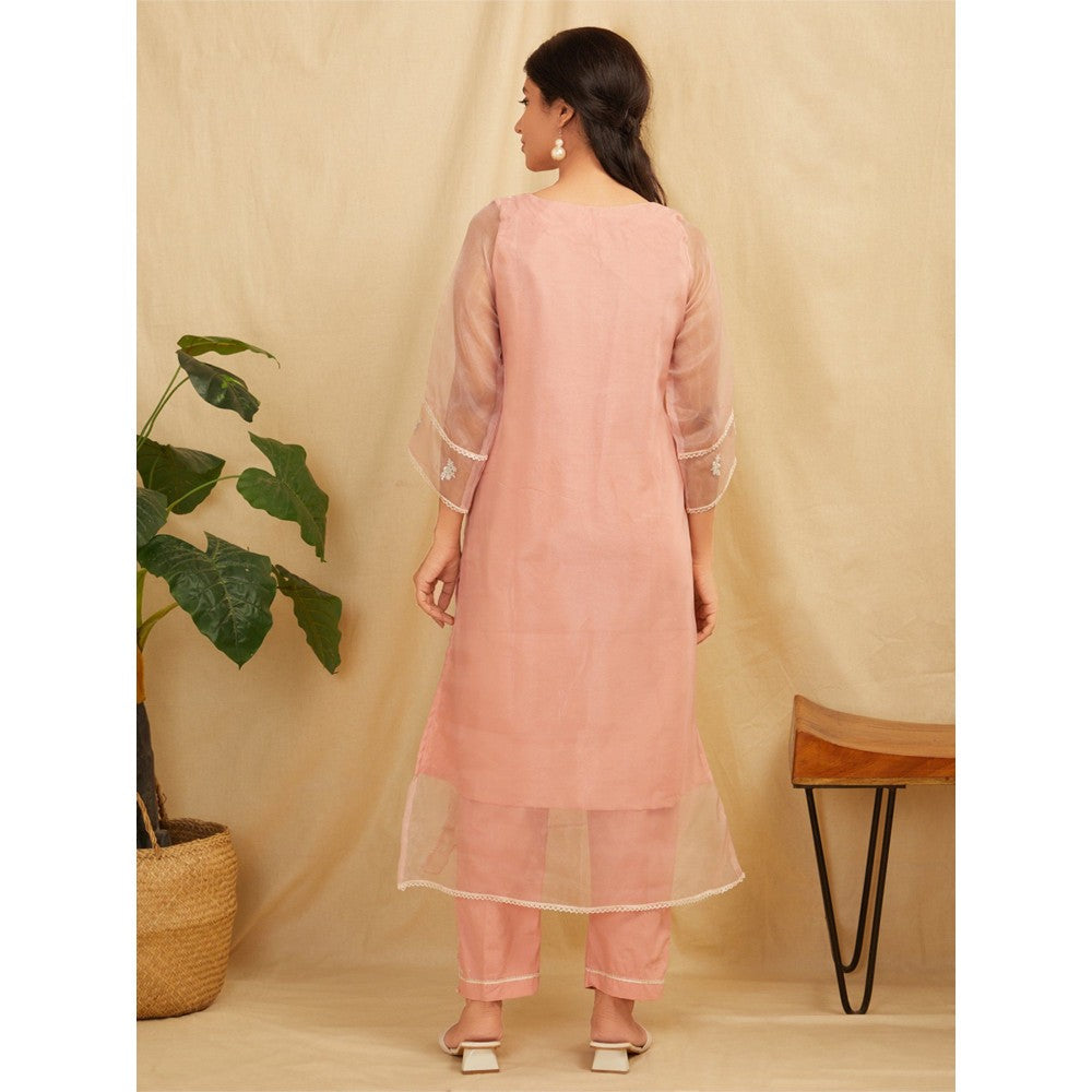 Zuri Peach Embroidered Organza Kurta With Peach Pants