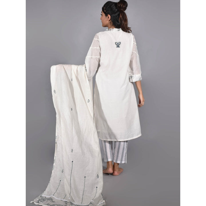 Zuri White Blue Print Embroidered Silk Kurta with Cotton Pant - Set of 2