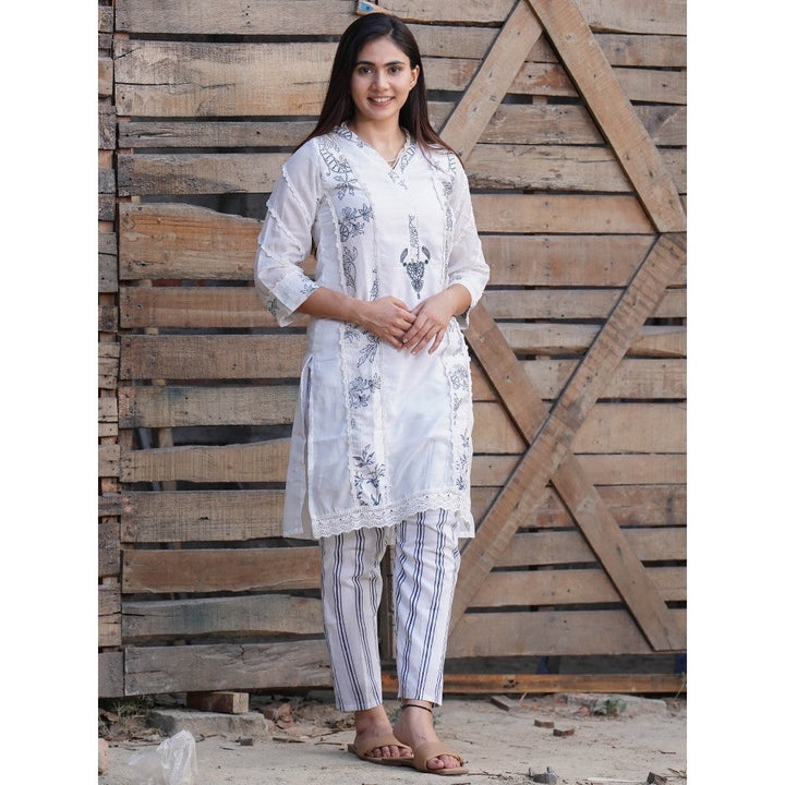 Zuri White Blue Print Embroidered Silk Kurta with Cotton Pant - Set of 2