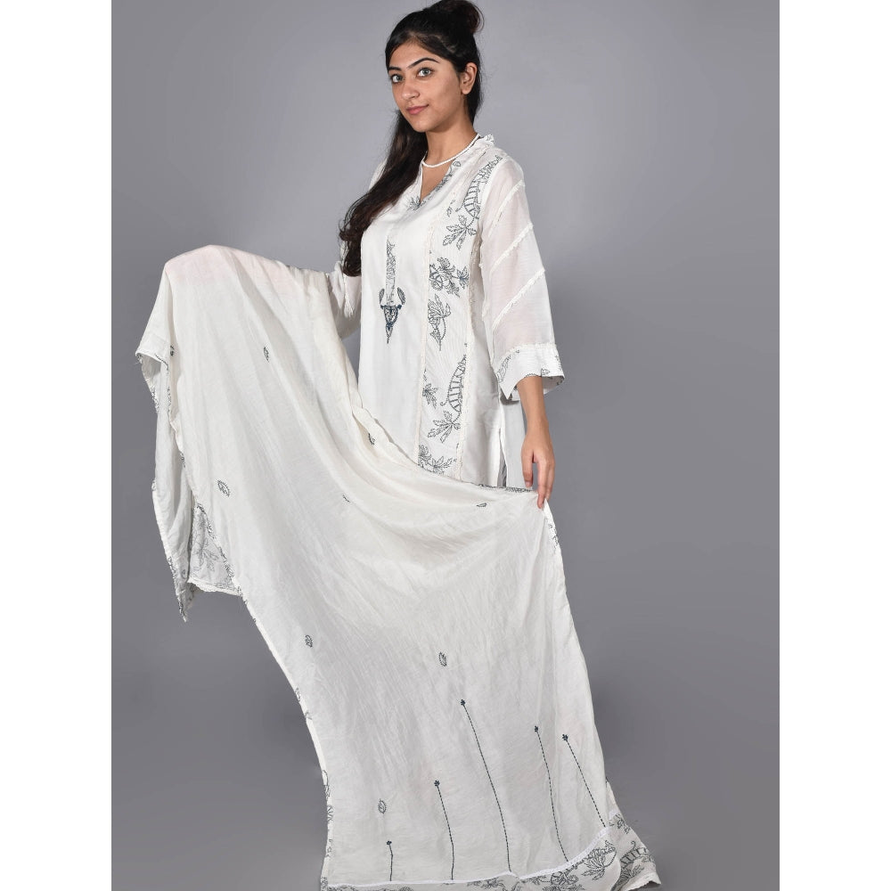 Zuri White Blue Print Embroidered Silk Kurta with Cotton Pant - Set of 2