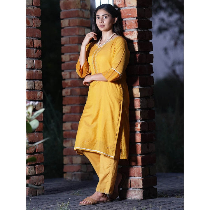 Zuri Mustard Zari Embroidered Cotton Silk Kurta with Embroidered Pant - Set of 2