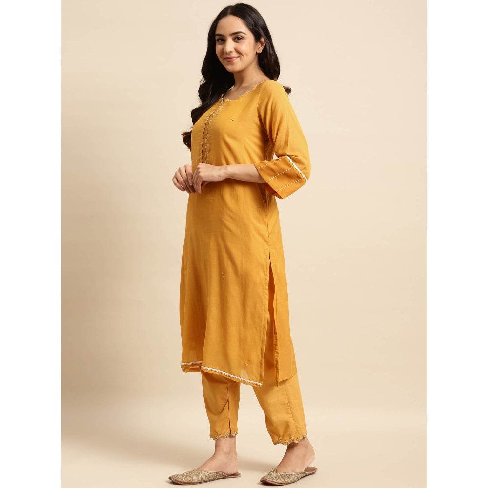 Zuri Mustard Zari Embroidered Cotton Silk Kurta with Embroidered Pant - Set of 2