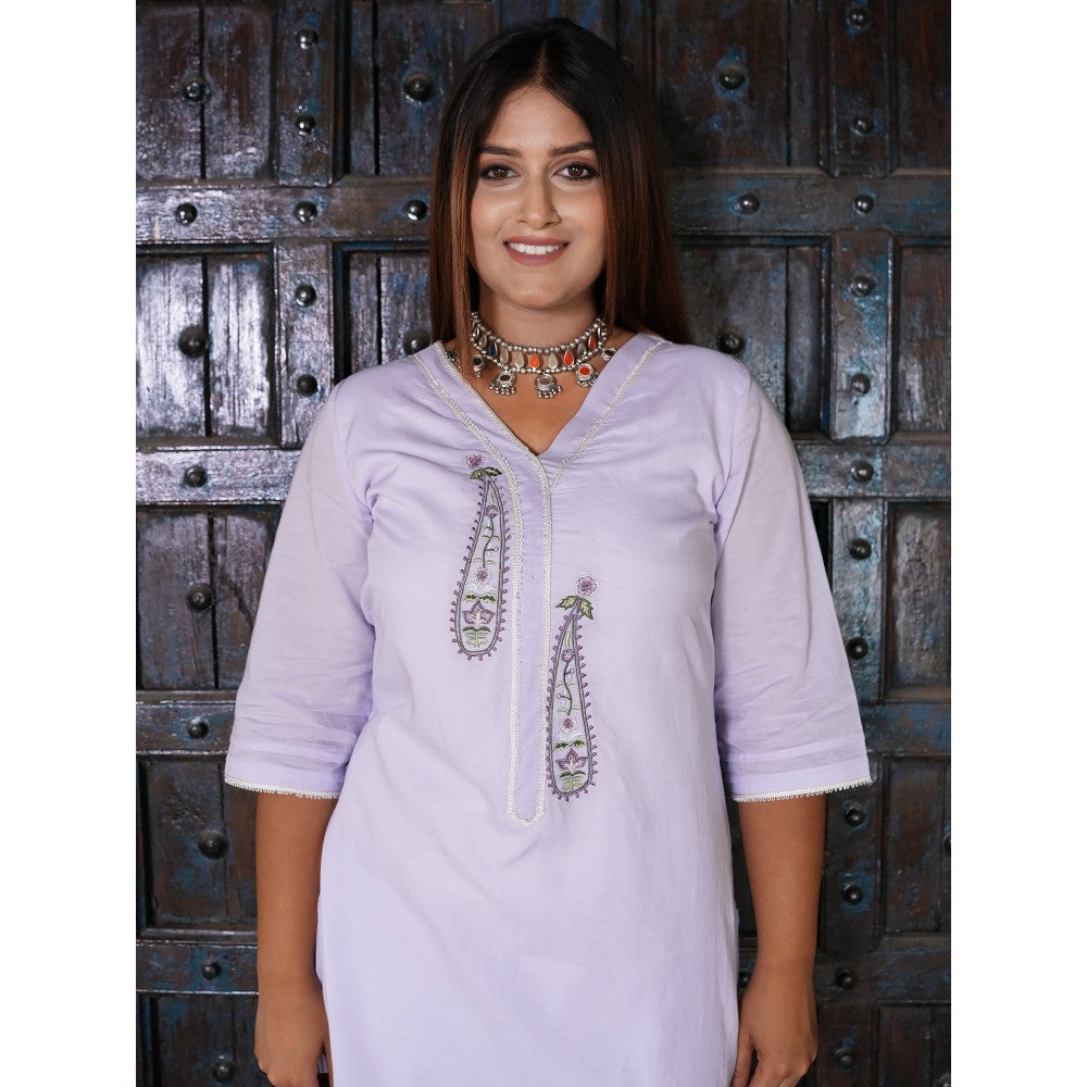 Zuri Light Purple Embroidered Cotton Silk Kurta with Lace Pant - Set of 2