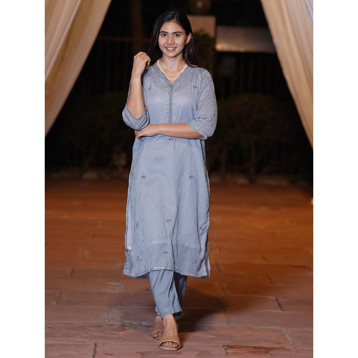 Zuri Greyish Blue Embroidered Cotton Silk Kurta with Lace Pant - Set of 2