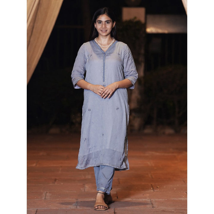 Zuri Greyish Blue Embroidered Cotton Silk Kurta with Lace Pant - Set of 2