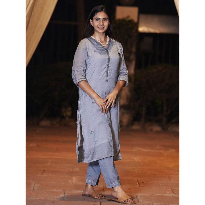 Zuri Greyish Blue Embroidered Cotton Silk Kurta with Lace Pant - Set of 2