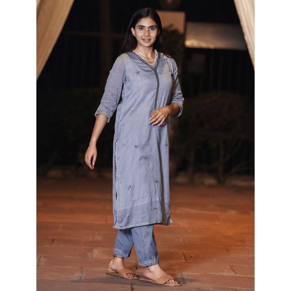 Zuri Greyish Blue Embroidered Cotton Silk Kurta with Lace Pant - Set of 2