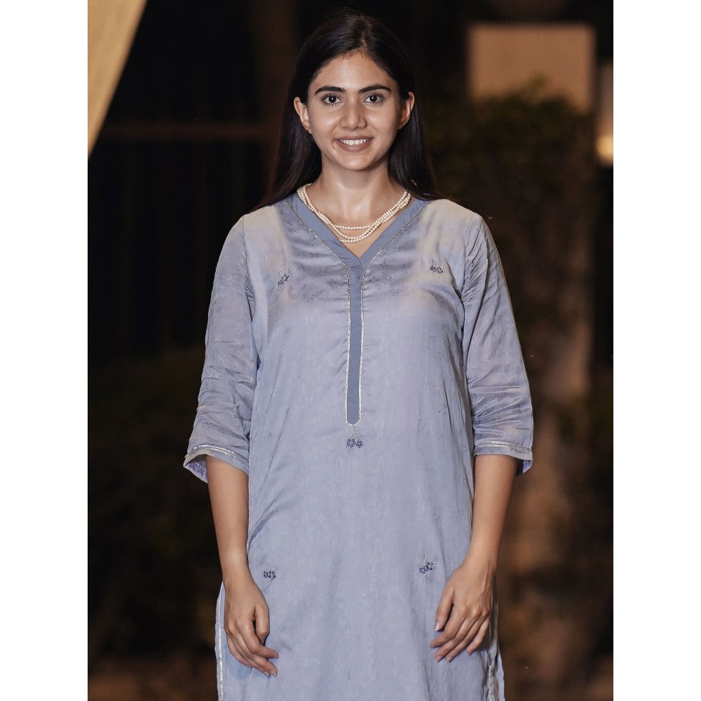 Zuri Greyish Blue Embroidered Cotton Silk Kurta with Lace Pant - Set of 2