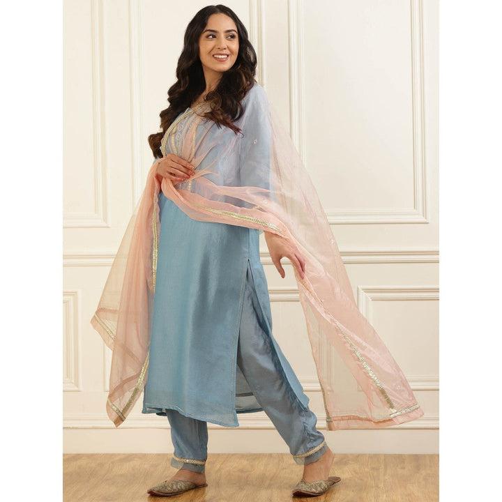 Zuri Sky Blue Embroidered Chanderi Kurta with Lace Pant - Set of 2