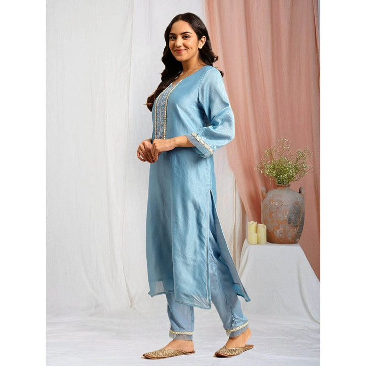 Zuri Sky Blue Embroidered Chanderi Kurta with Lace Pant - Set of 2