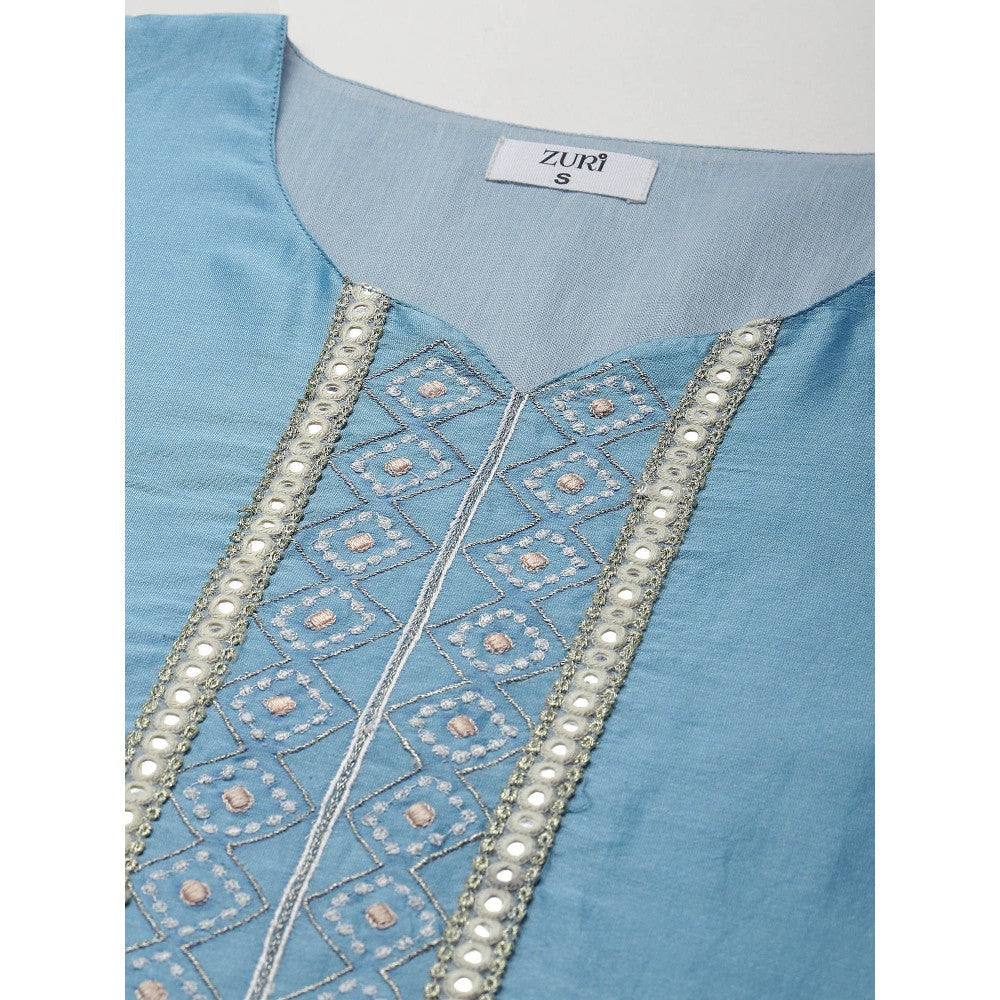 Zuri Sky Blue Embroidered Chanderi Kurta with Lace Pant - Set of 2