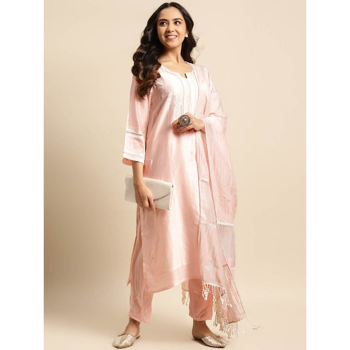 Zuri Light Pink Embroidered Chanderi Kurta with Embroidered Pant - Set of 2