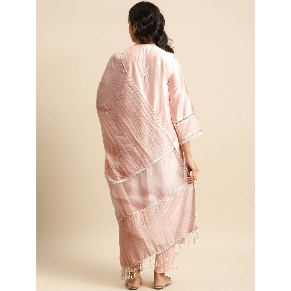 Zuri Light Pink Embroidered Chanderi Kurta with Embroidered Pant - Set of 2