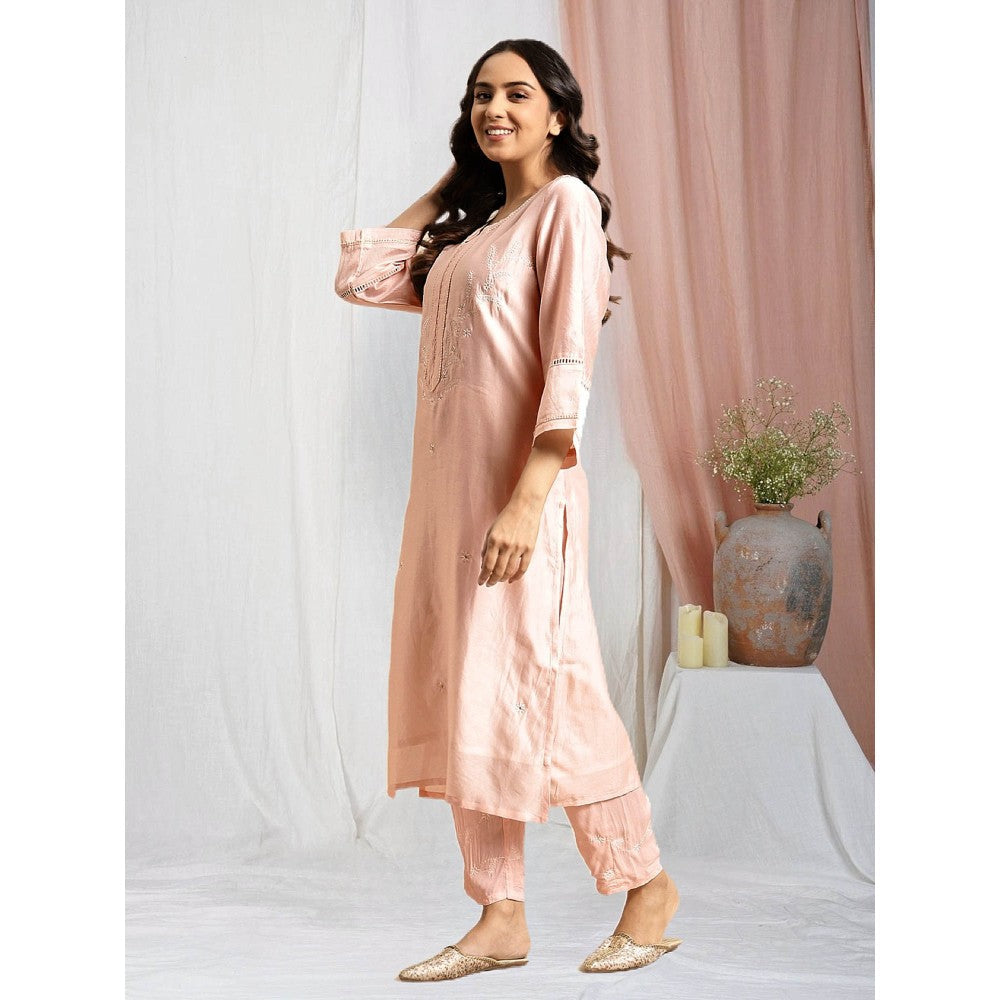 Zuri Light Pink Embroidered Chanderi Kurta with Embroidered Pant - Set of 2