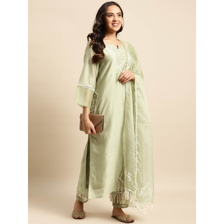 Zuri Dusky green Zari Embroidered Pocket Chanderi Kurta with Lace Pant - Set of 2